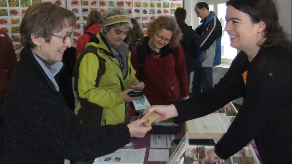 Ein von Frauen umstandener Tisch mit Saatgut in kleinen Tüten - es werden Tütchen über den Tisch gereicht